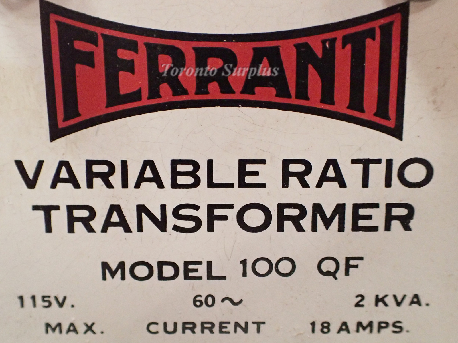 Ferranti 100 QF Variable Ratio Transformer, 0-115 V, 60 Hz, 18A, 2 kVA