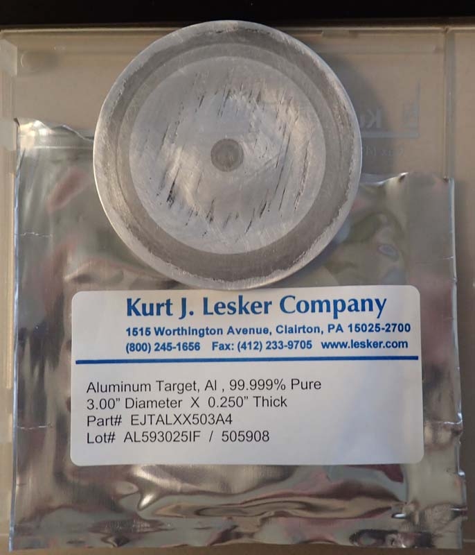 Kurt J. Lesker EJTALXX503A4 Aluminum Al, Target 3.0 diam x 0.250 Used