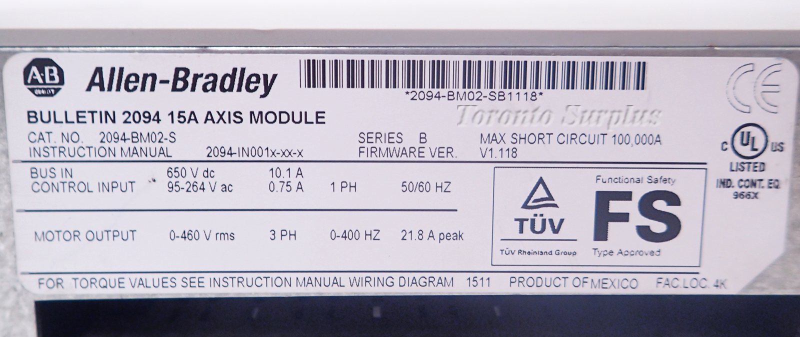 Allen Bradley 2094-BM02-S Servo Drive Kinetix 6000 Axis Module, 400/460V, 3PH
